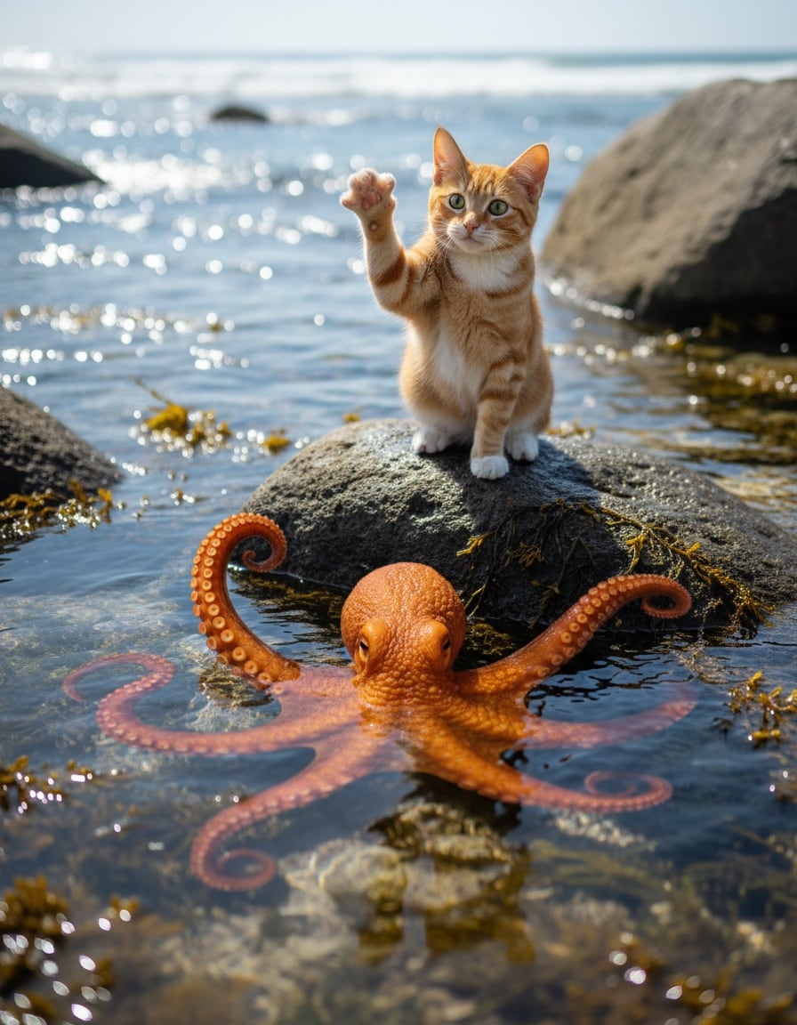 A ginger cat high-fives a friendly octopus that stretches all eight arms out of a sunny rock pool.