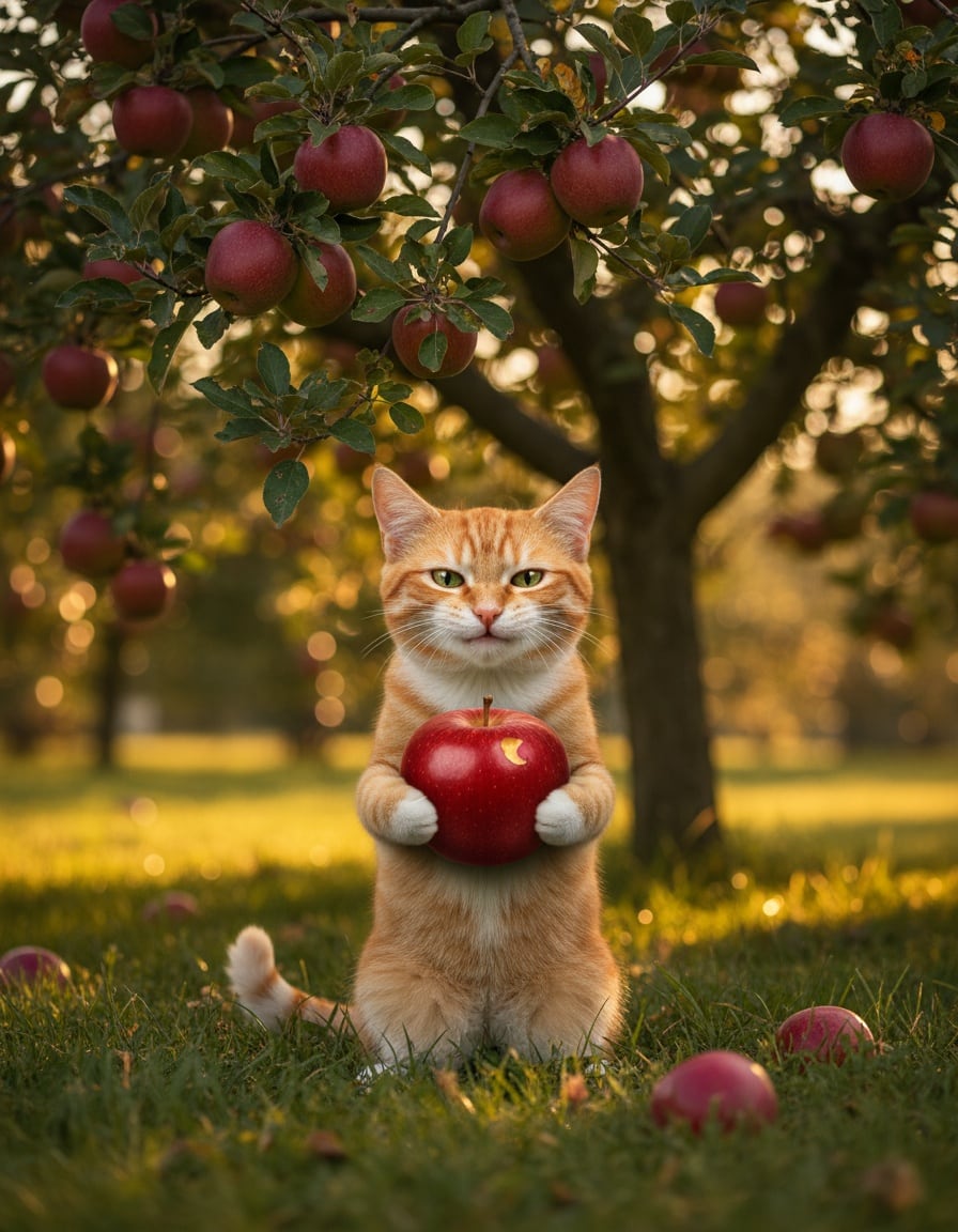 Pixa pulls a disgusted face after biting a shiny red apple under an apple tree in an orchard.