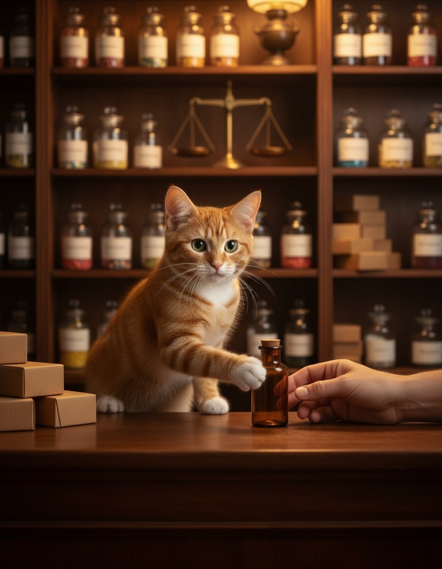 A ginger cat behind an old-fashioned pharmacy counter hands a medicine bottle to a customer.