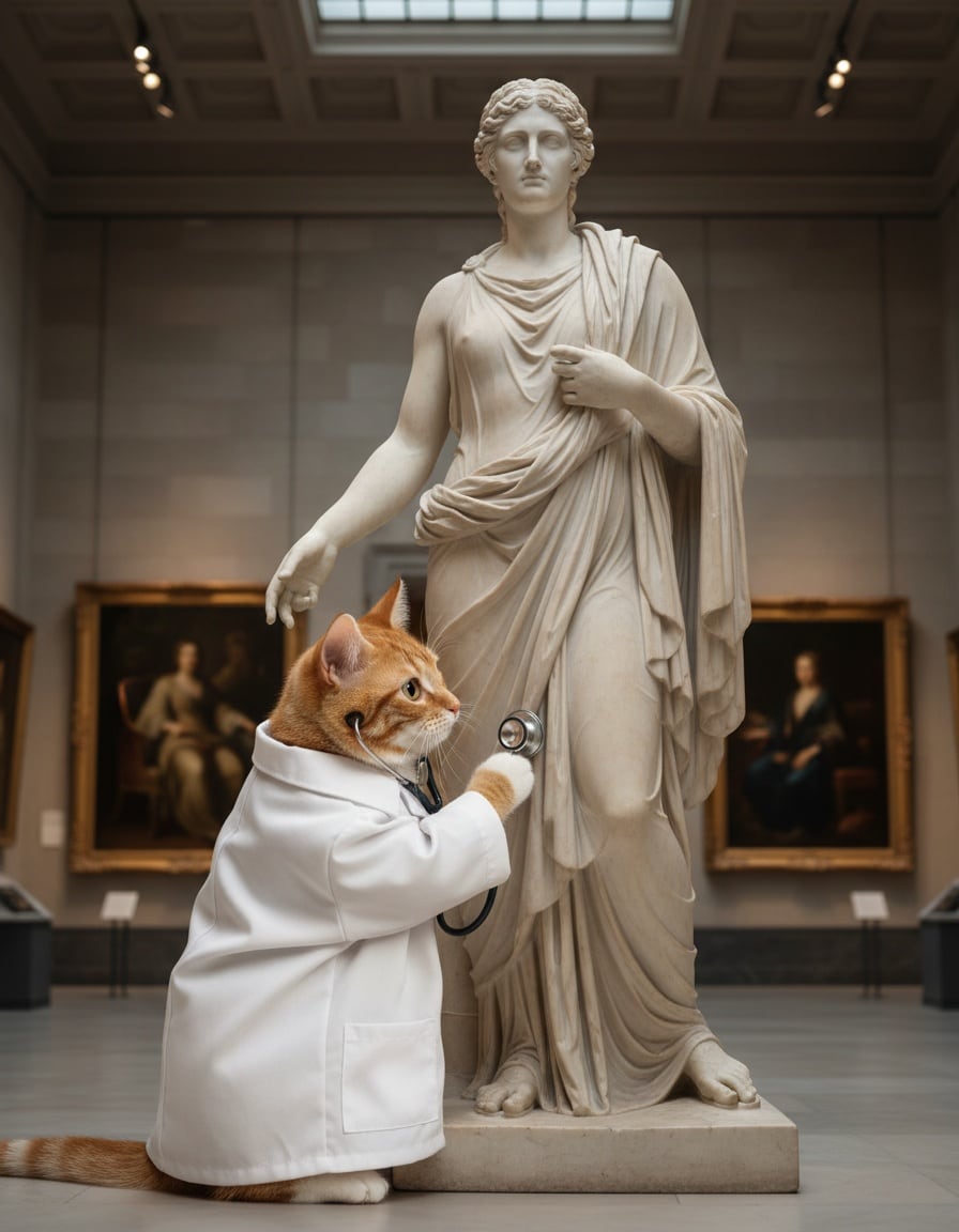 A ginger cat dressed as a doctor listens to a marble statue with a stethoscope in a museum.