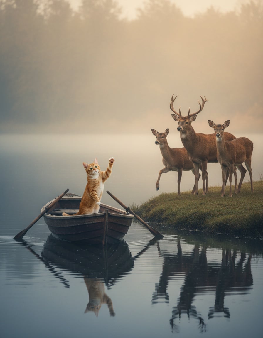 A ginger tabby cat in a rowing boat waves goodbye to three deer on the shore of a lake.