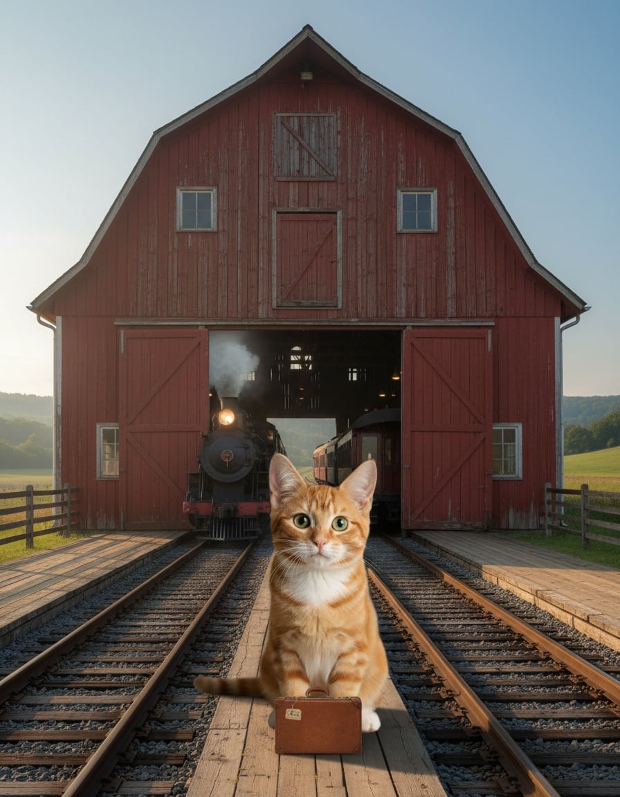 A ginger cat with a small suitcase waits at a train station shaped like a red barn as a train pulls in.