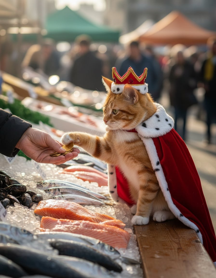 A ginger cat dressed as a czar pays gold coins to a fish seller at a market.