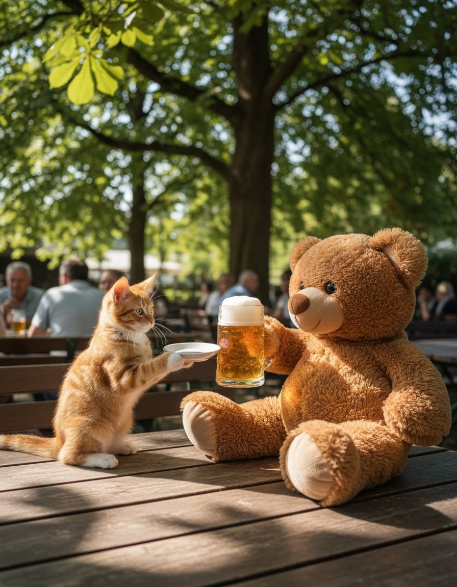 A ginger cat toasts with a saucer of milk beside a giant teddy bear holding a mug of beer in a beer garden.