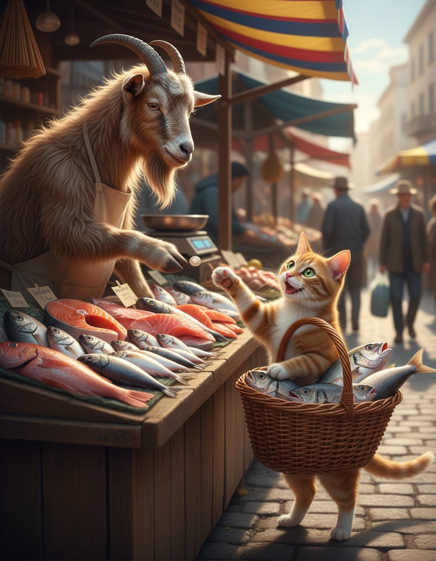 A ginger cat trades a single button for a big basket of fish from a billy goat at a market stall.