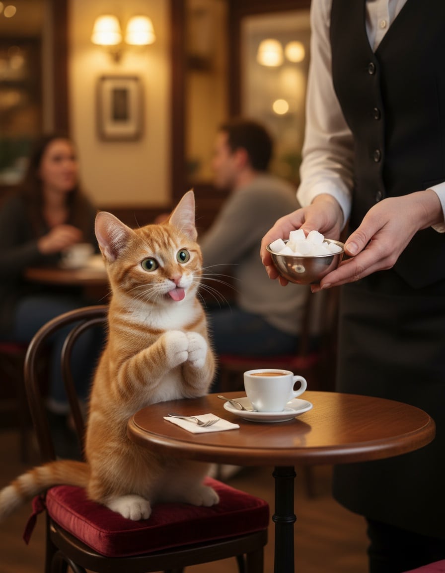 A ginger tabby cat at a café table pleads for sugar after tasting bitter coffee.
