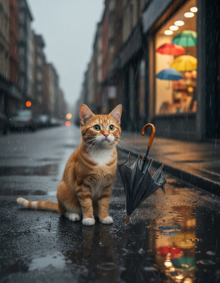 A wet ginger cat with a broken umbrella stares at new umbrellas in a shop window.