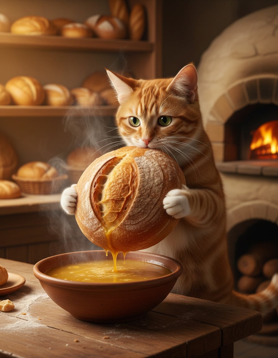 A ginger cat in a bakery dips a big loaf of bread into a steaming bowl of broth.