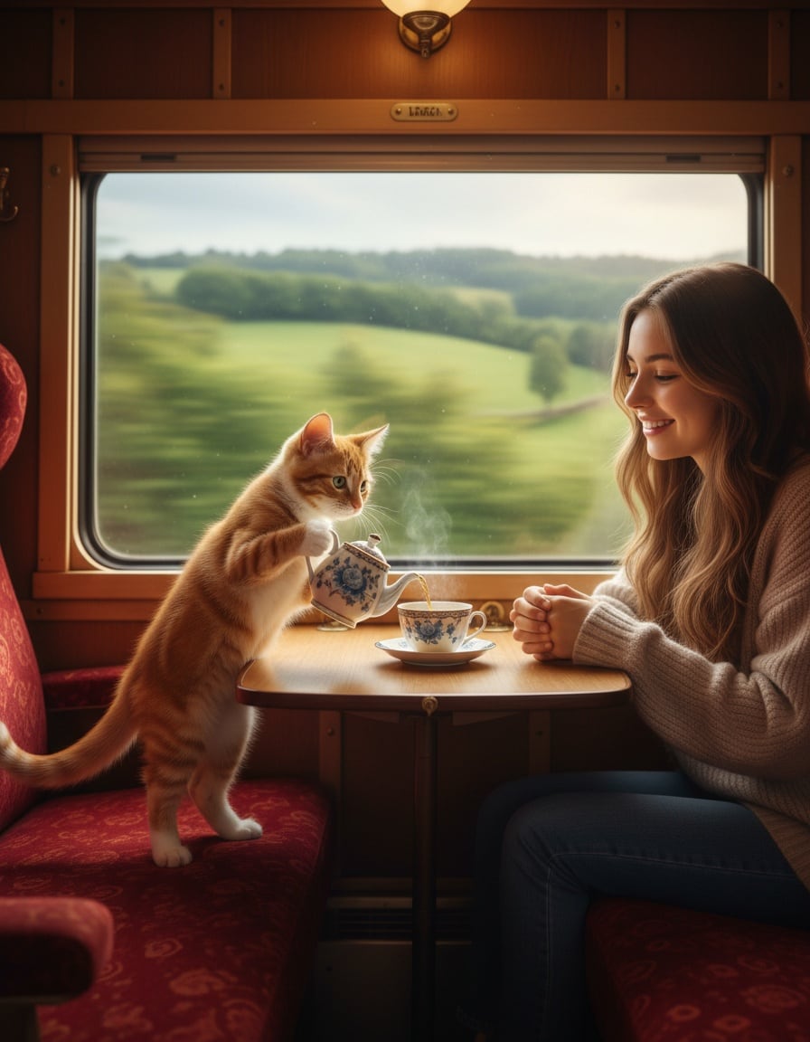 A small ginger kitten pours tea for a ginger cat at a table inside a train compartment.