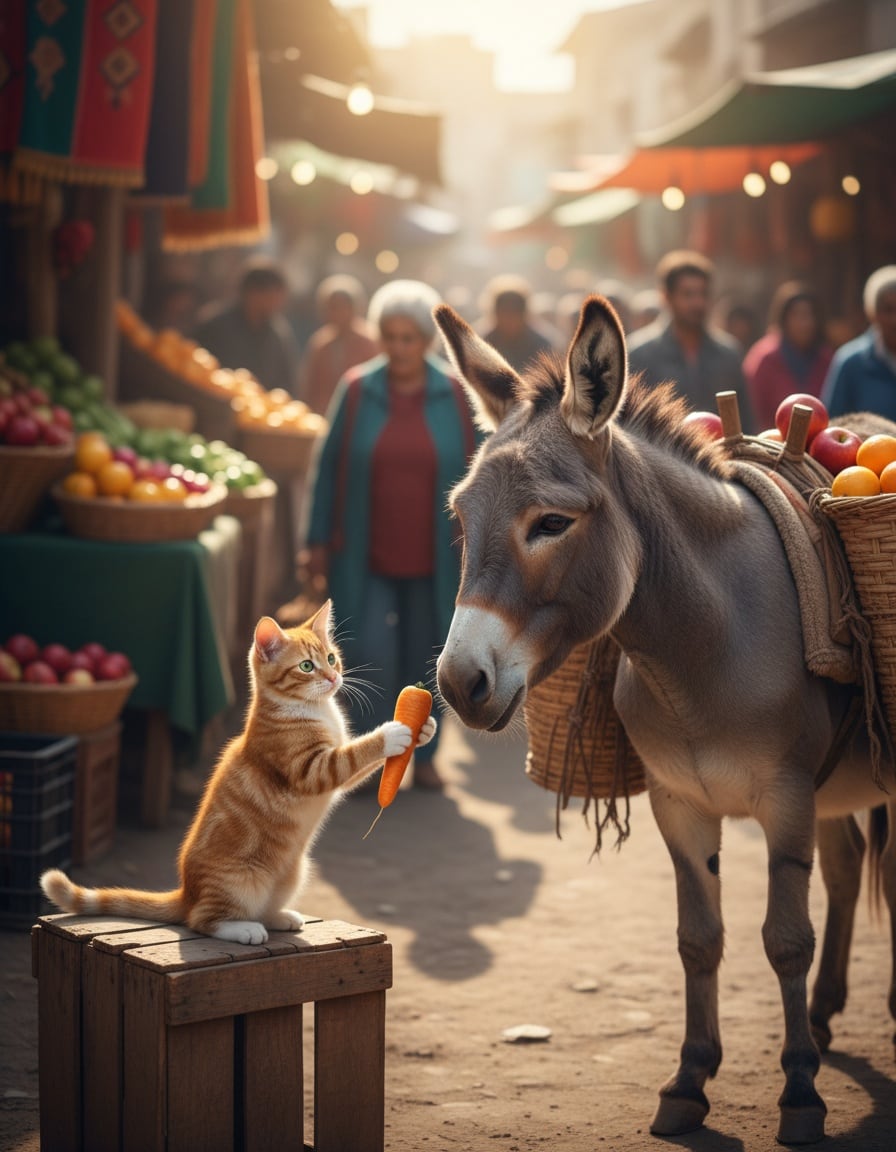 A ginger tabby cat gives a carrot to a donkey carrying fruit baskets at a market.