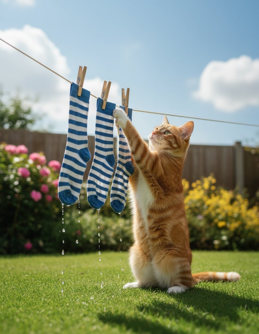 A ginger tabby cat hangs three wet socks on a garden washing line.