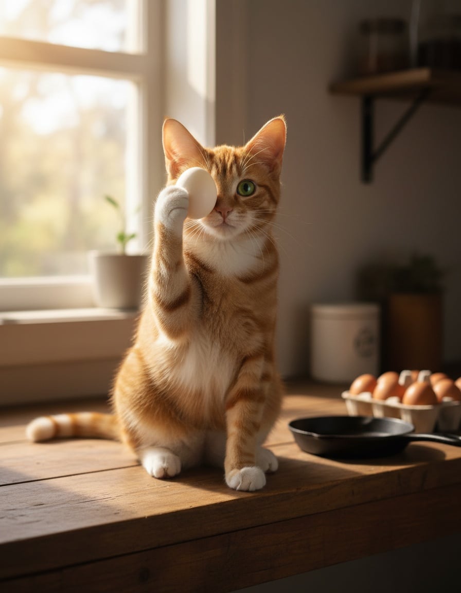 Pixa holds a boiled egg in front of her eye like a monocle in a sunny kitchen.