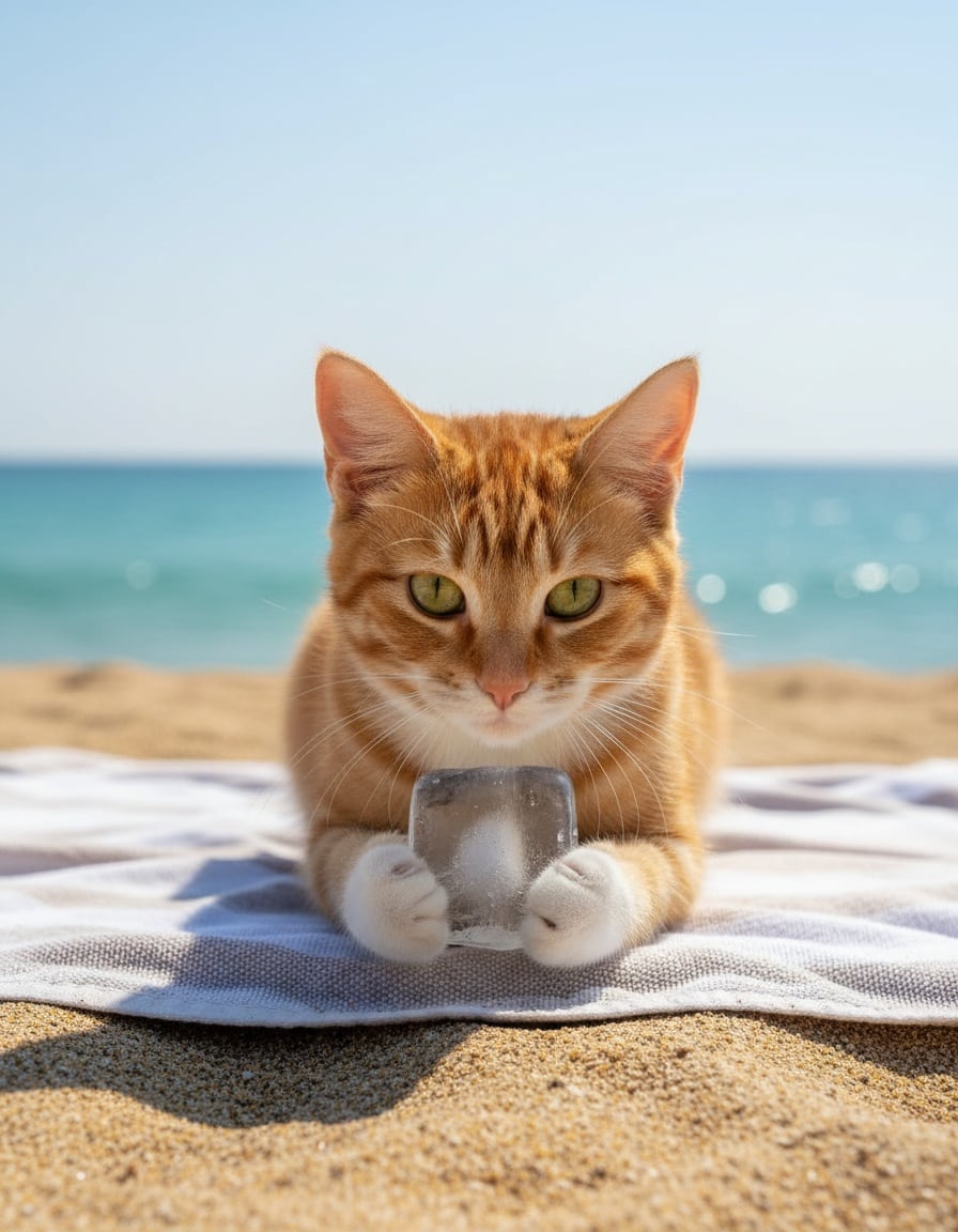 A ginger tabby cat on a beach towel protectively holds one single ice cube between its paws.