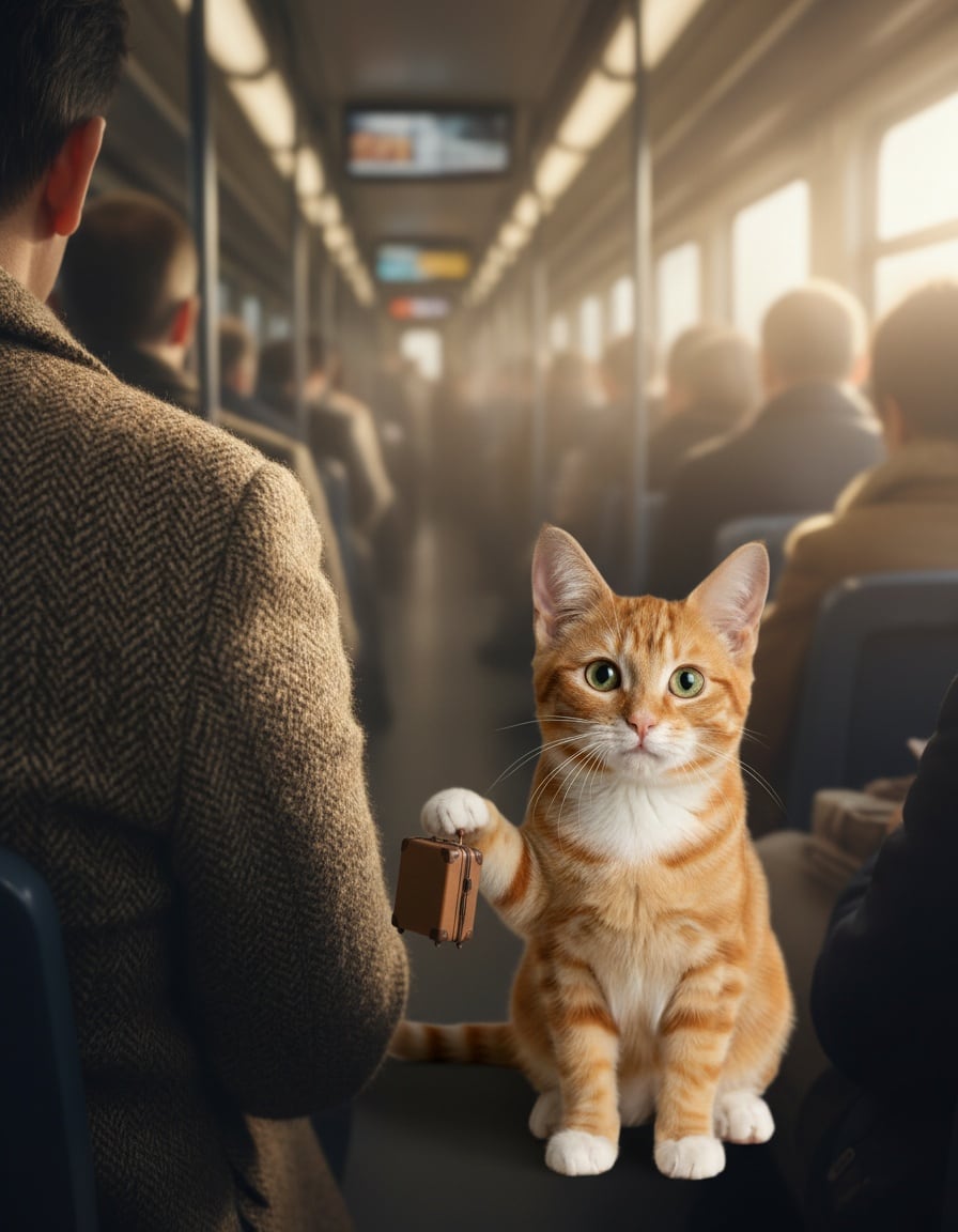 A ginger cat on a crowded train apologetically raises a paw after bumping a passenger's shoulder with a small suitcase.
