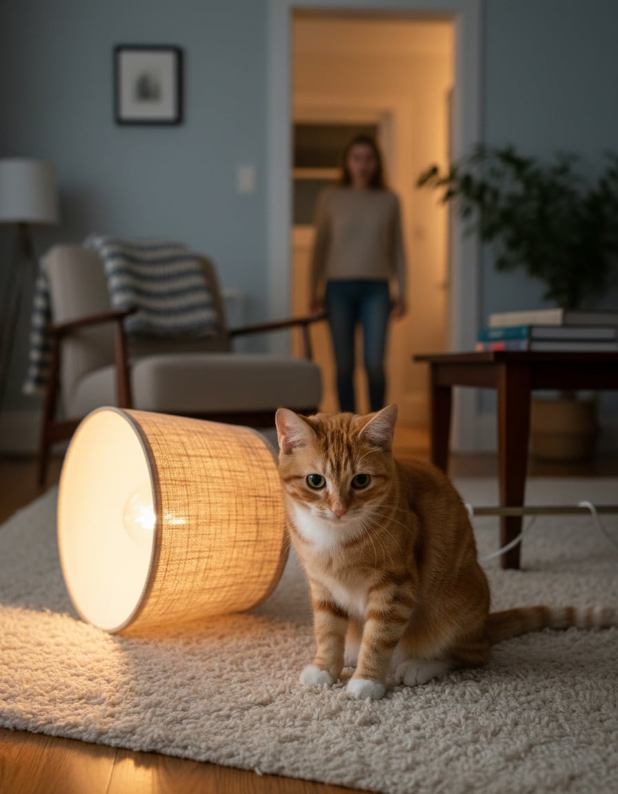 A ginger cat looks apologetic next to a floor lamp it has knocked over in a cozy living room.