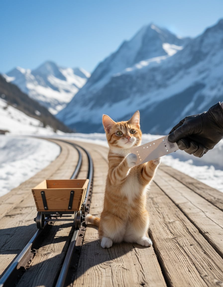 A ginger cat on a mountain railway platform hands a paper ticket to a conductor beside a small rail cart.