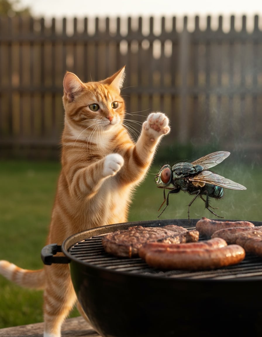 A ginger cat at a garden barbecue shoos away a huge fly hovering over sizzling meat.