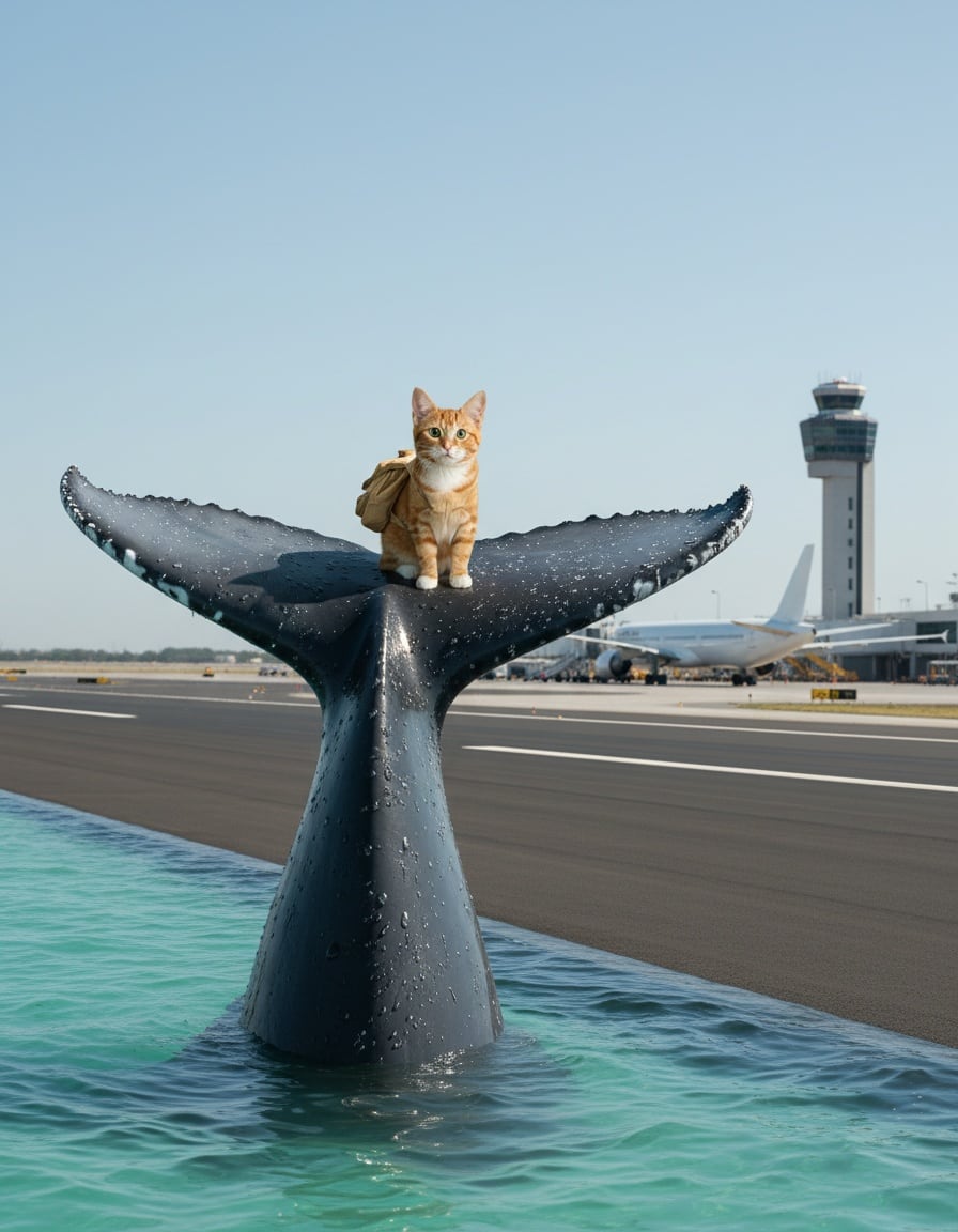 A ginger cat with a backpack sits on a huge whale tail next to an airport runway with a plane.
