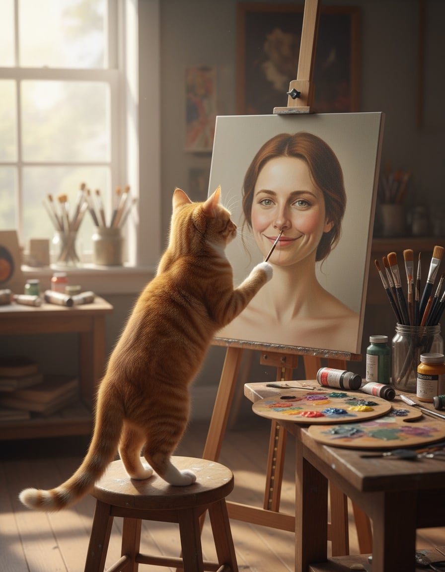 A ginger tabby cat with a paintbrush changes the frown on a painted portrait of a woman into a smile.