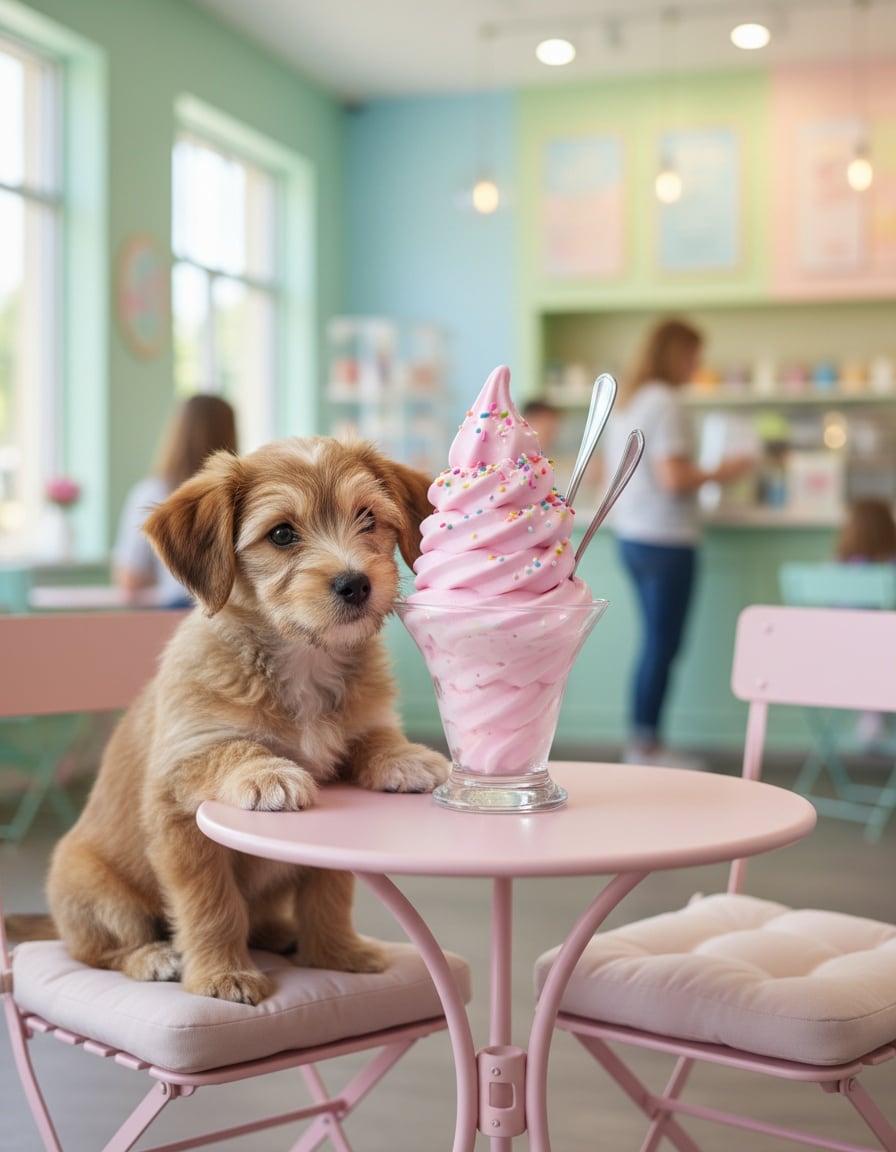 A ginger cat and a little puppy share a big cup of frozen yogurt at a pastel café table.