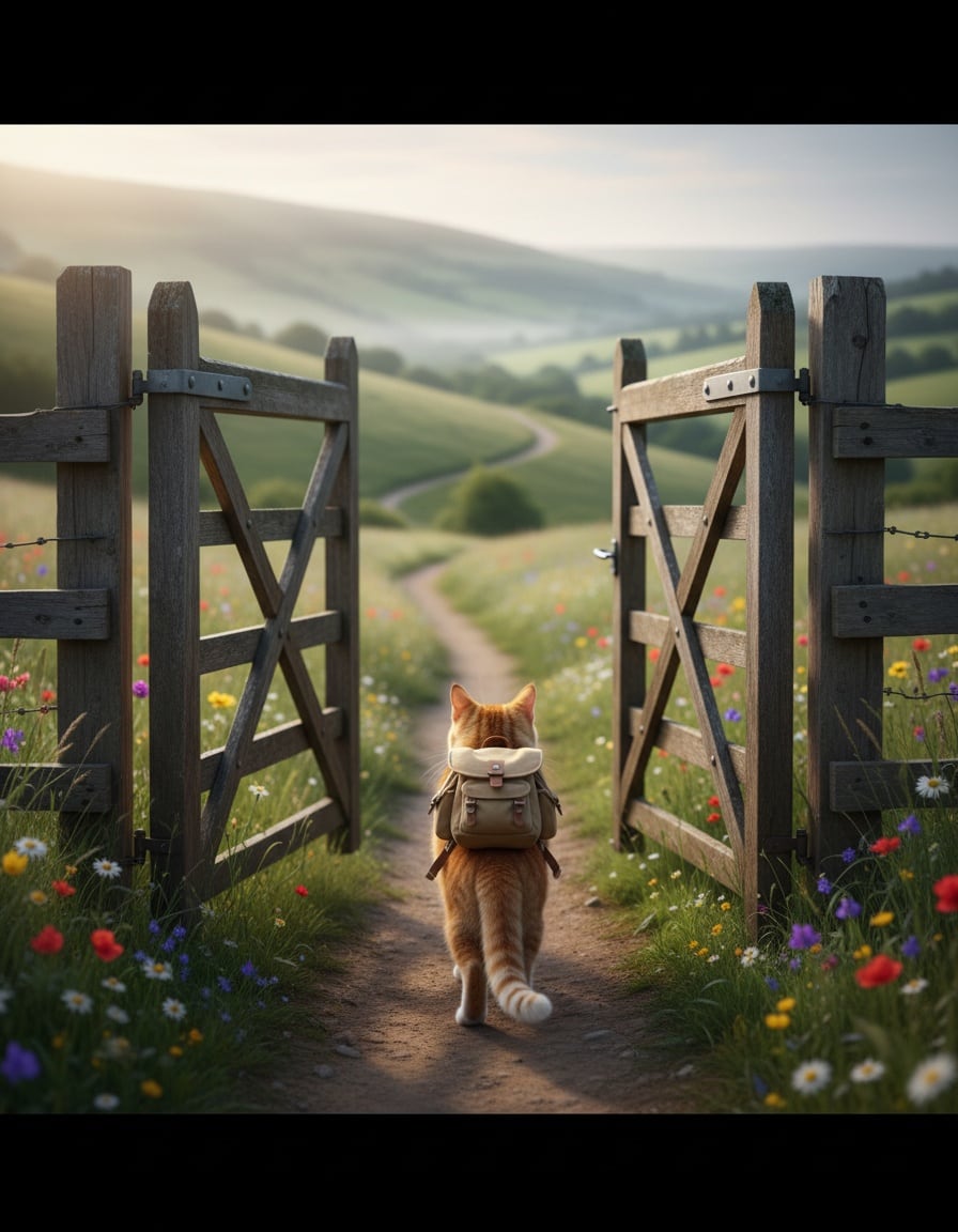 A ginger cat with a small backpack walks through an open wooden farm gate onto a country path.
