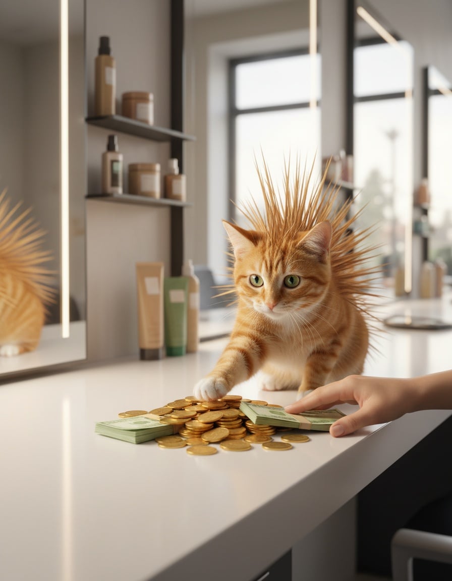 A ginger cat with spiky gelled fur pays with a pile of coins and banknotes at a hair salon.