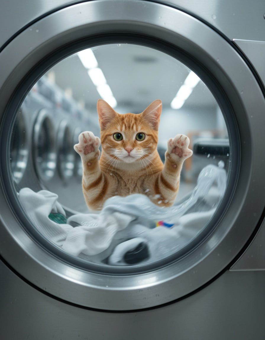 A ginger cat pushes a washing machine door shut while soapy water sloshes inside.