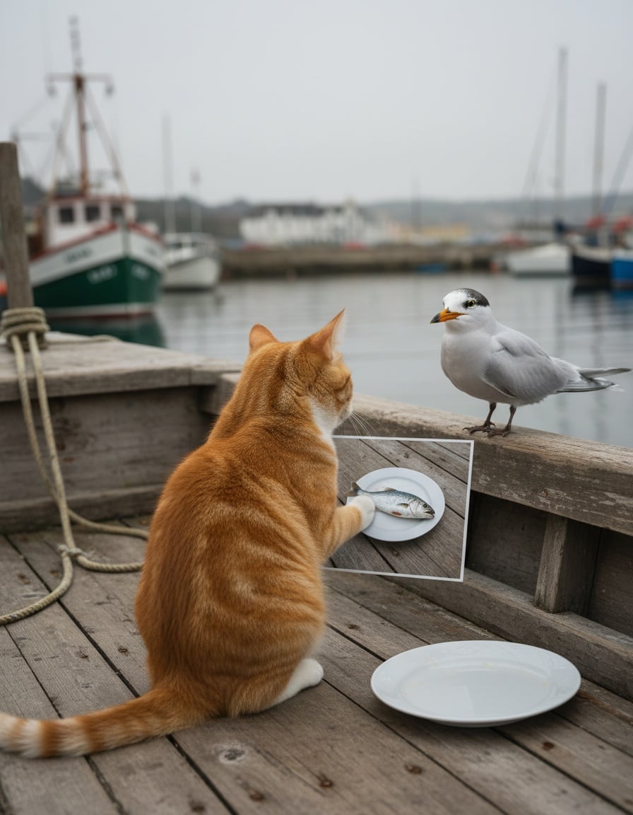 Pixa on a boat holds a photo of a tern eating her fish, while the tern sits on the railing nearby.