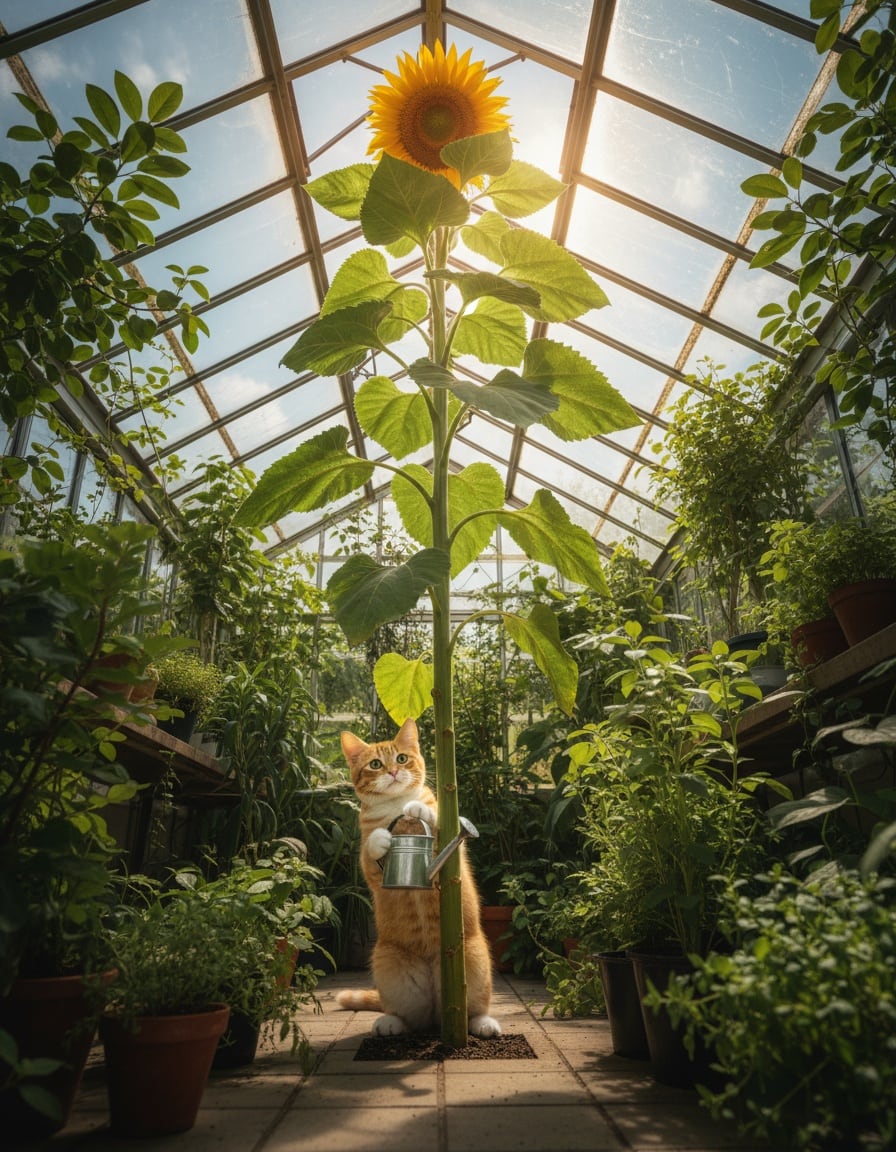 A ginger cat waters a gigantic sunflower that towers through the roof of a greenhouse.