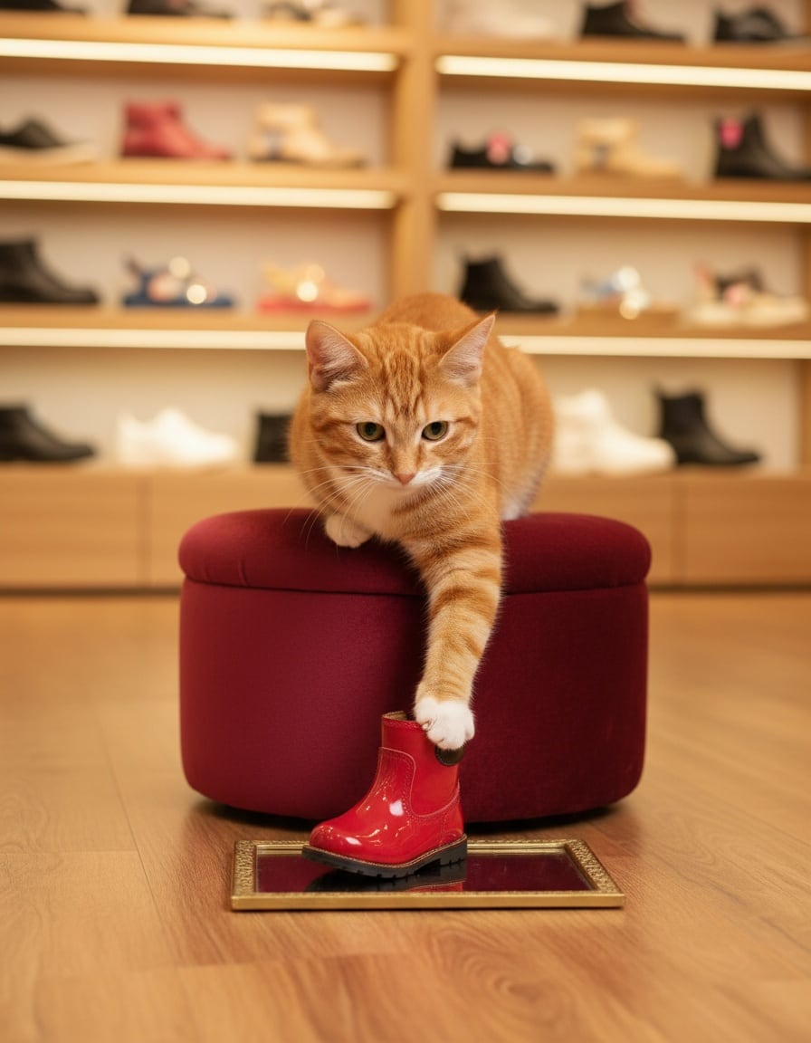 A ginger cat in a shoe shop admires a tiny red boot on its paw in a mirror, looking pleased.