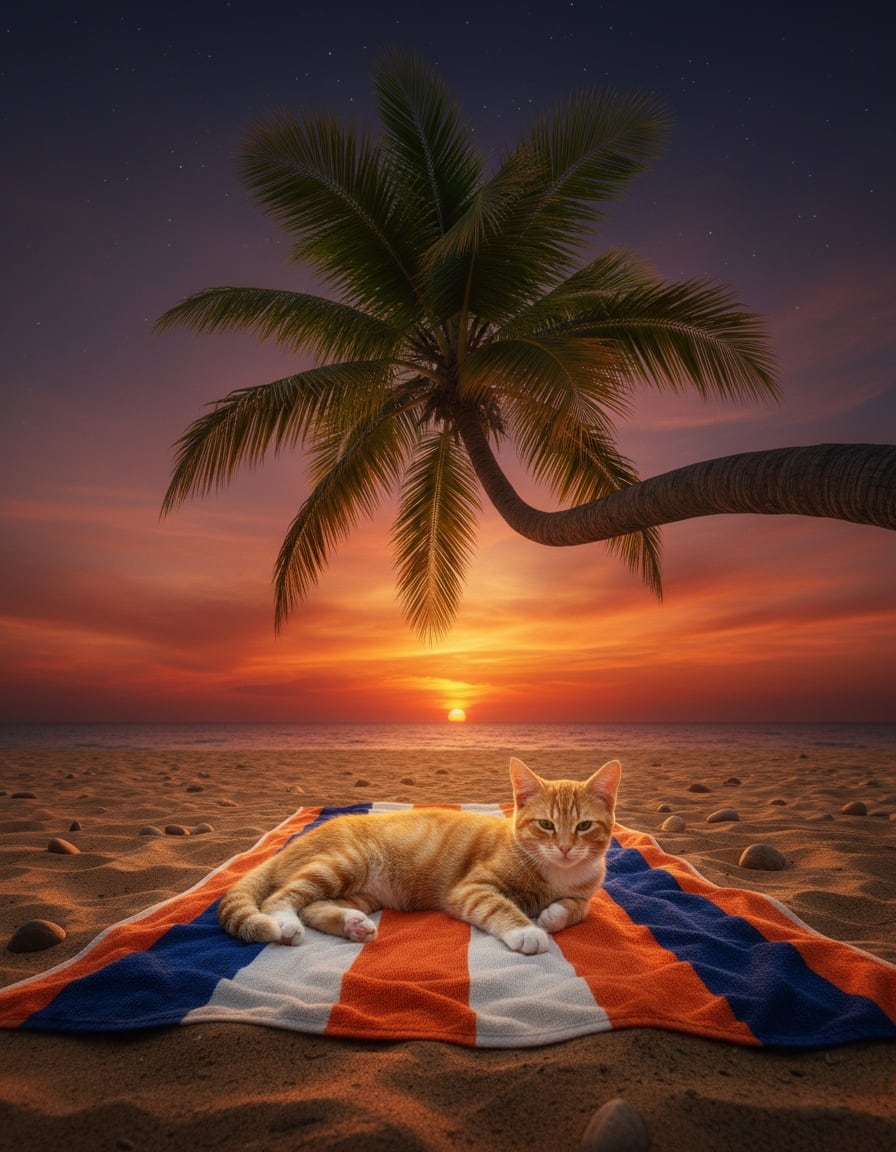 A ginger tabby cat lounges under a strongly bent palm tree on a beach at sunset.