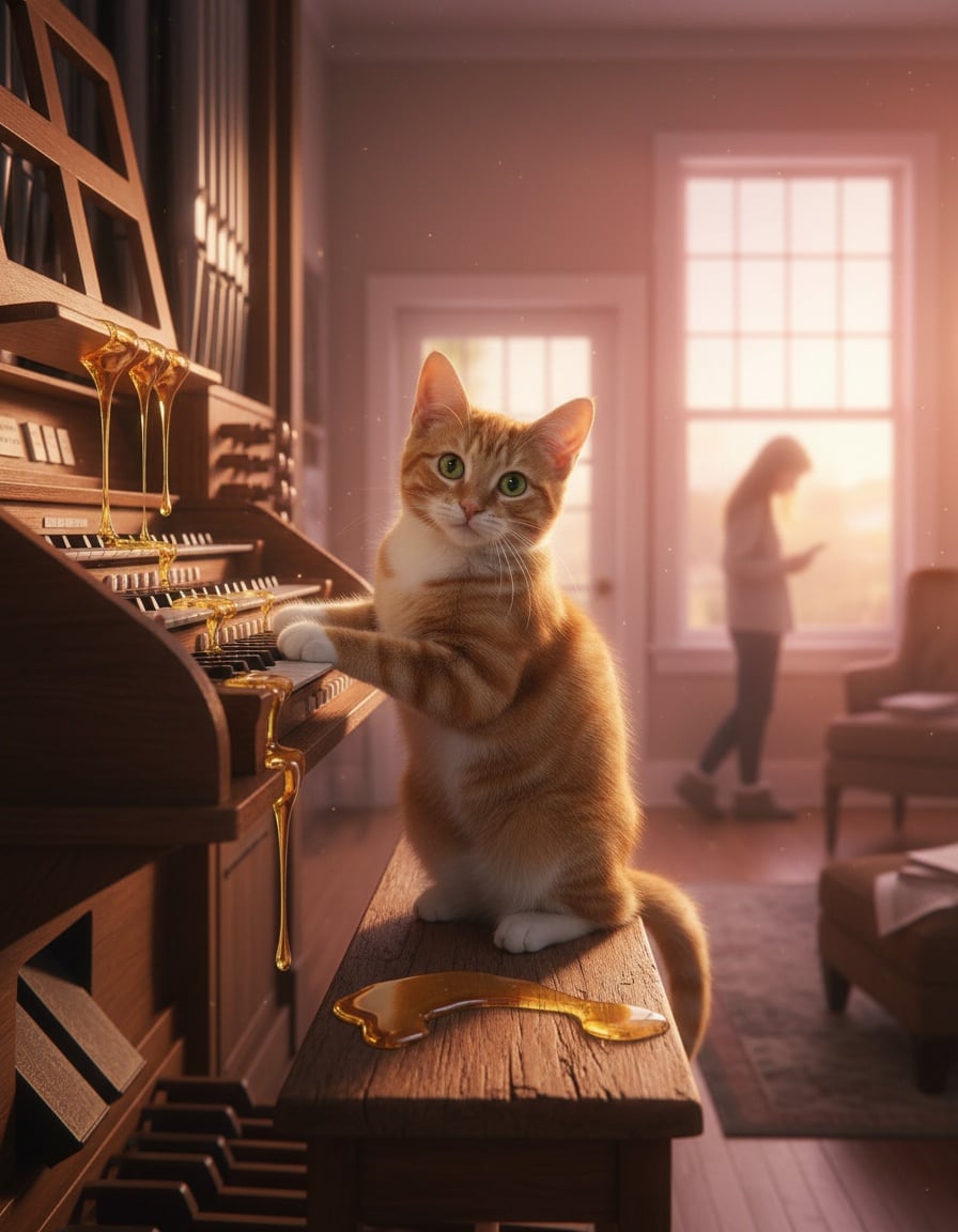 A ginger tabby cat plays a honey-dripping organ in a living room at sunrise.