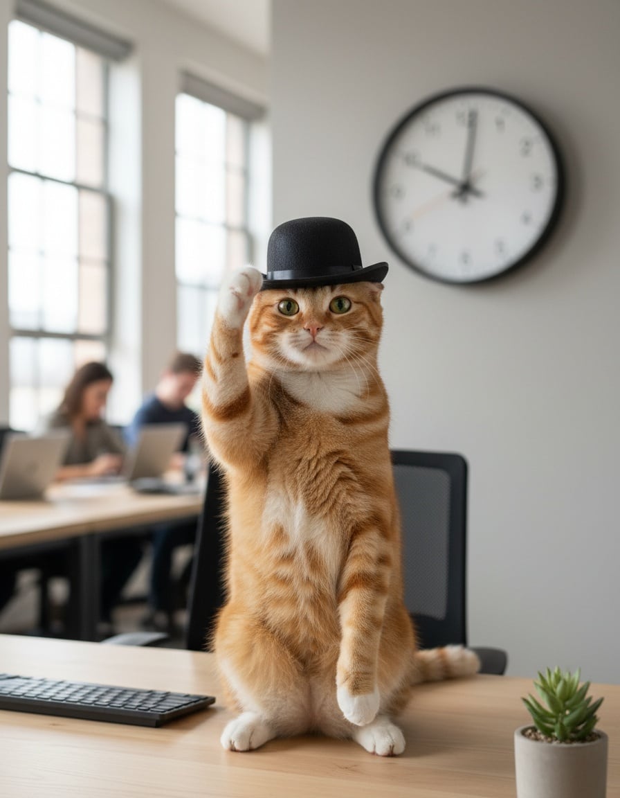 A ginger tabby cat on an office desk lifts a tiny hat in greeting beside a big wall clock at noon.