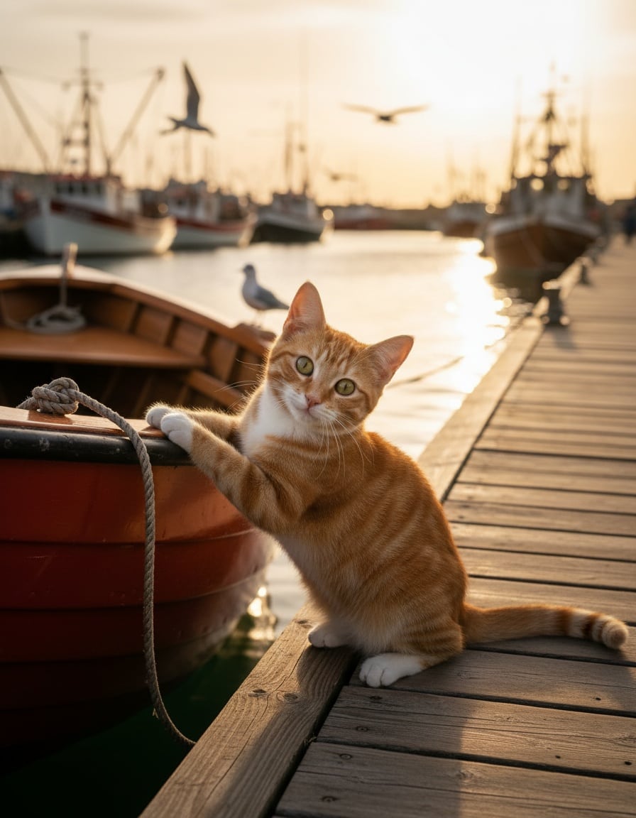 A ginger tabby cat hugs the front of a small red boat on a harbour pier.