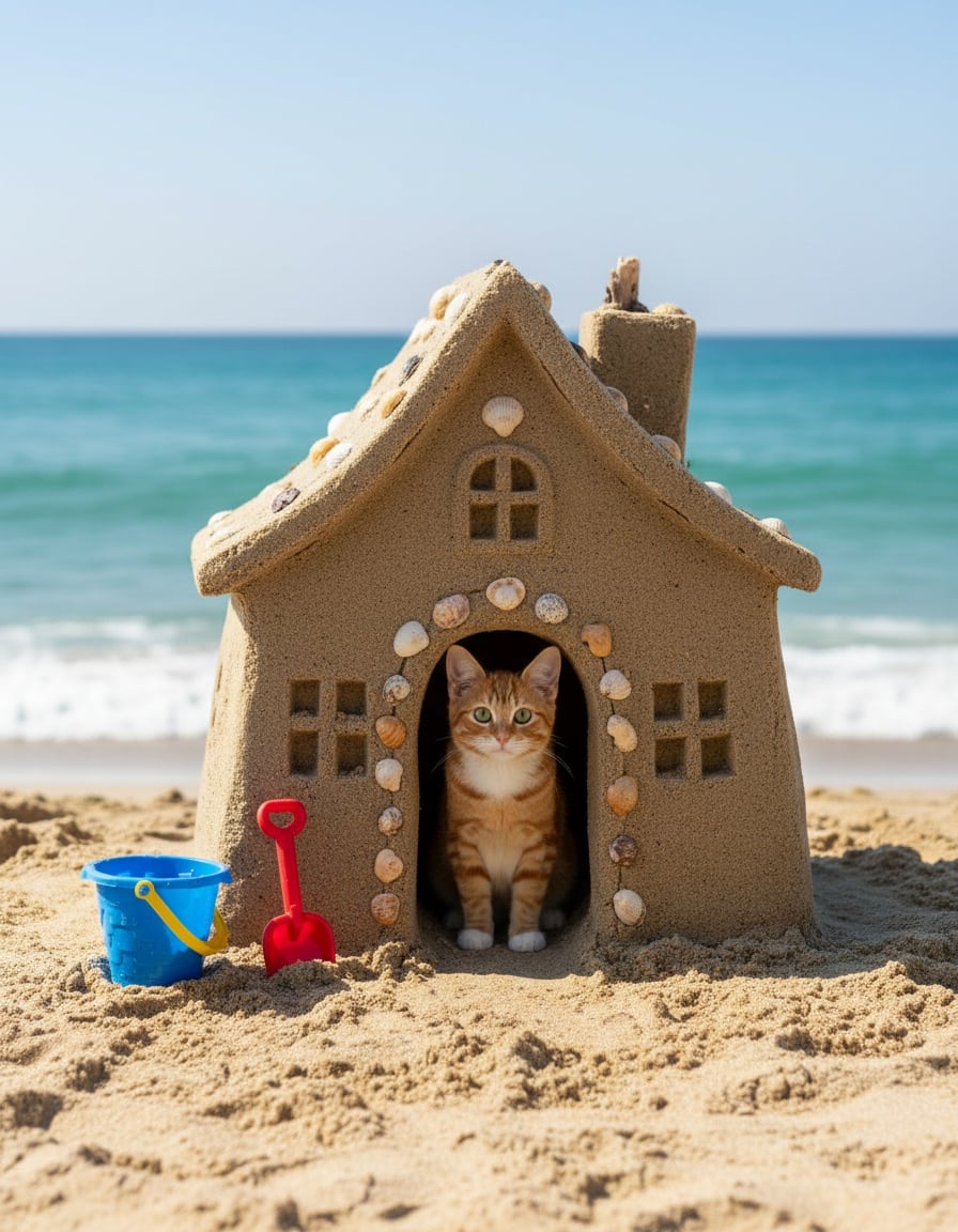A ginger cat sits in the doorway of a big house made of sand on a sunny beach.