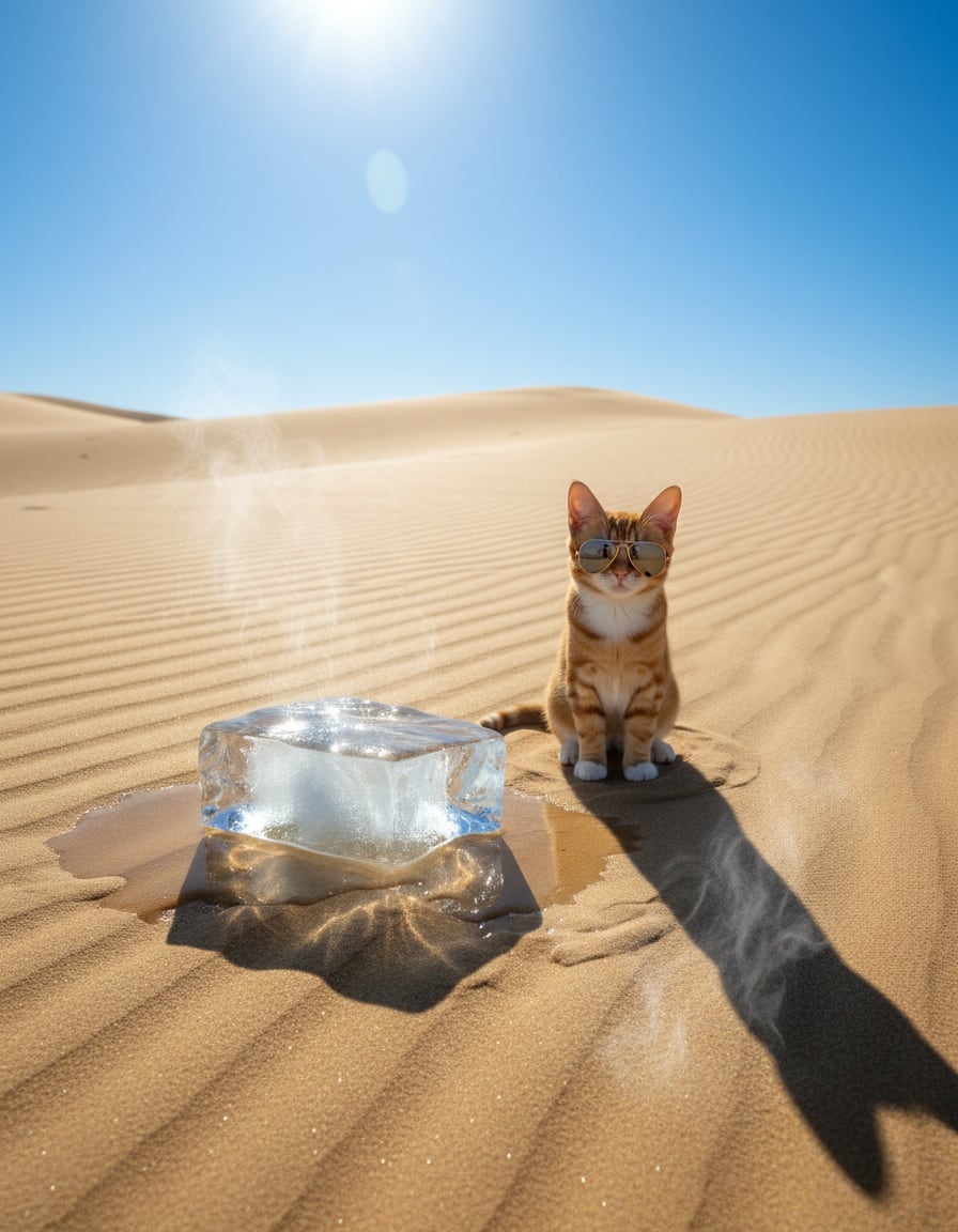 Pixa in sunglasses sits next to a rapidly melting block of ice in a hot desert.
