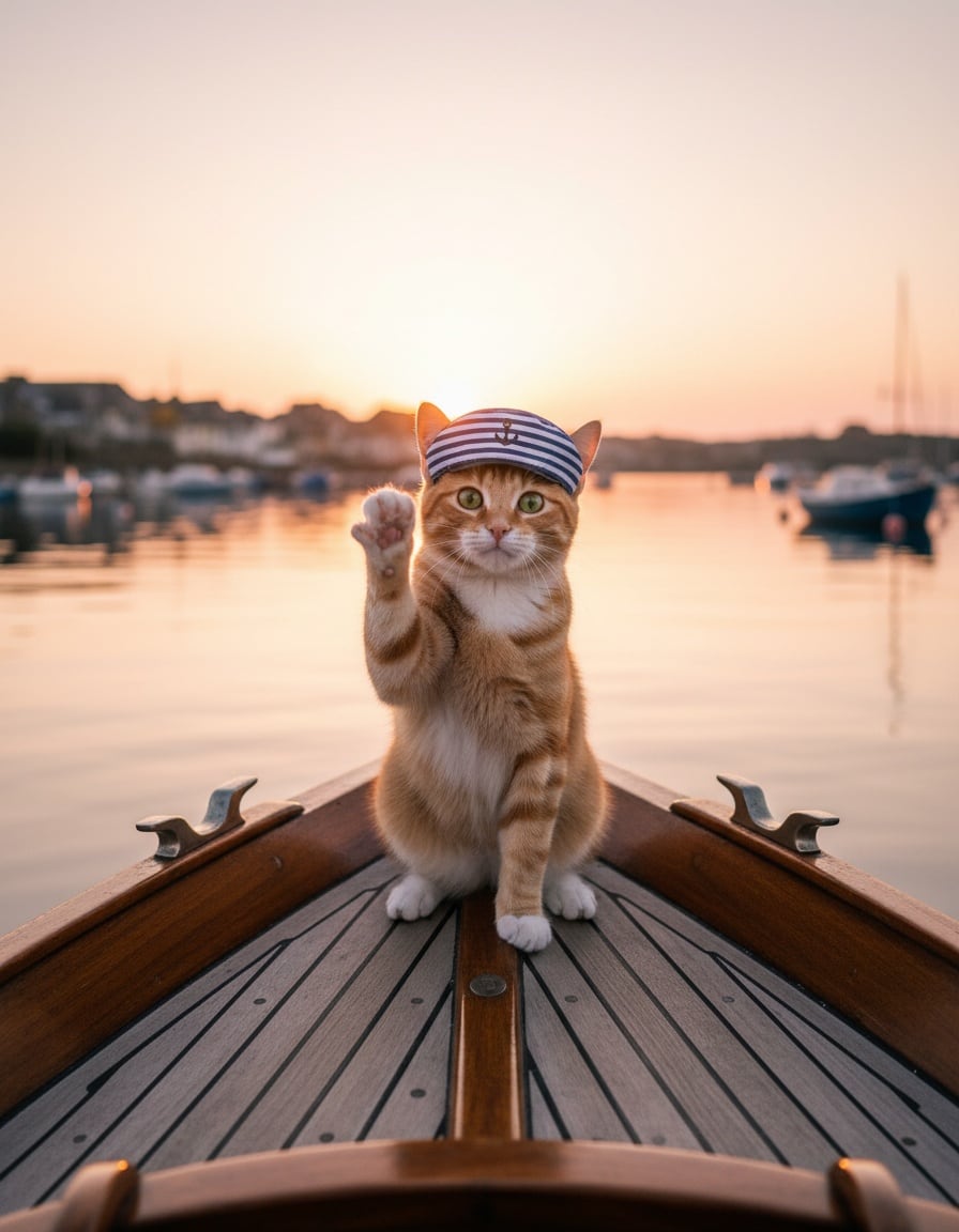 A ginger cat in a captain's hat waves from the bow of a sailboat at sunrise.