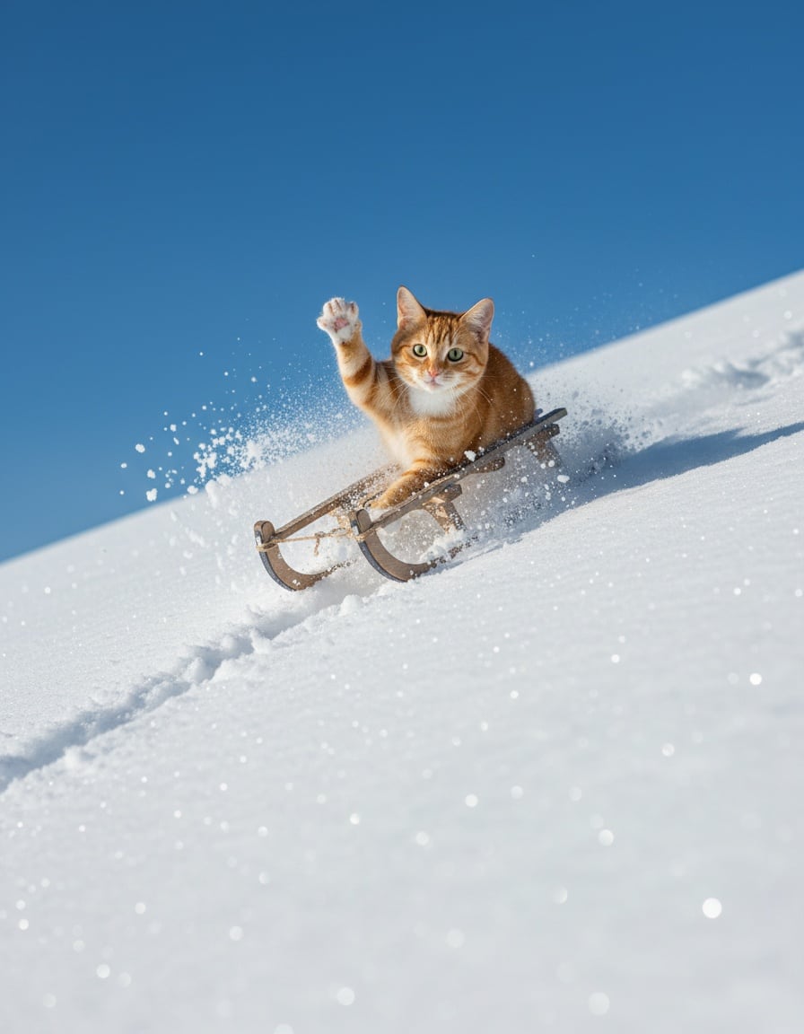 A ginger cat on a sled slides down a steep snowy hill, waving a paw for help.
