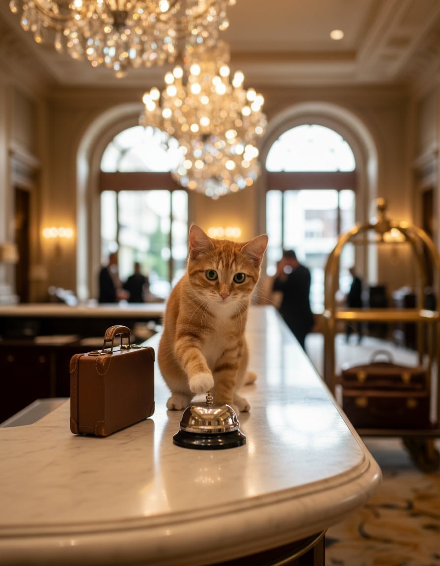 A ginger tabby cat with a tiny suitcase rings the brass bell on a grand hotel reception desk.