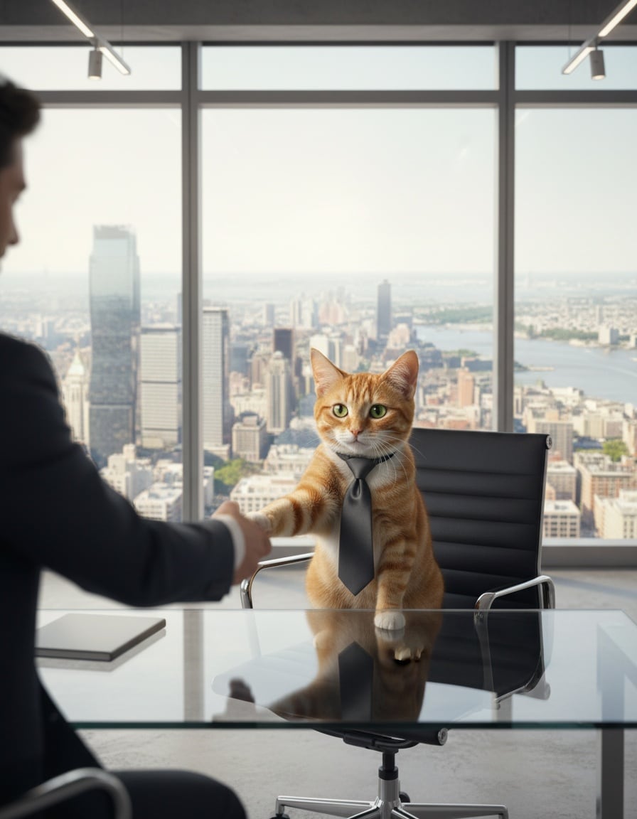 A ginger cat in a tiny tie shakes hands with a man across an office desk as if introducing itself.
