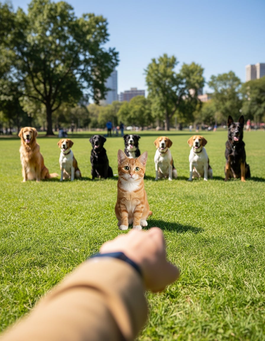 A puzzled ginger cat tilts its head among obedient dogs at a dog-training class in a park.