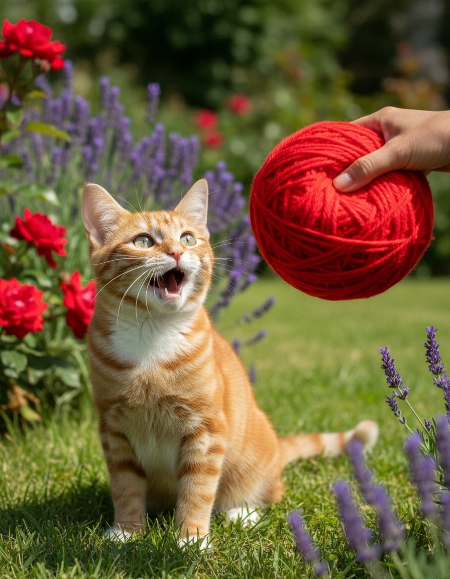 A ginger tabby cat nods excitedly at a giant ball of red yarn offered to her in a garden.