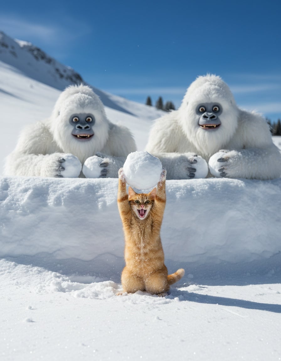 A ginger cat holds up a snowball facing two friendly yetis on a snowy mountain.