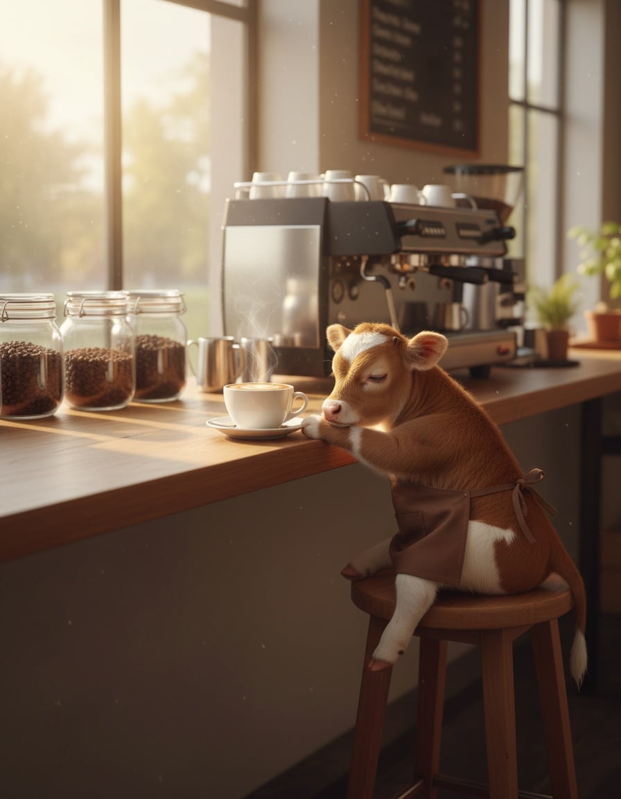 A ginger tabby cat in an apron serves a cup of coffee to a sleepy calf at a café counter.