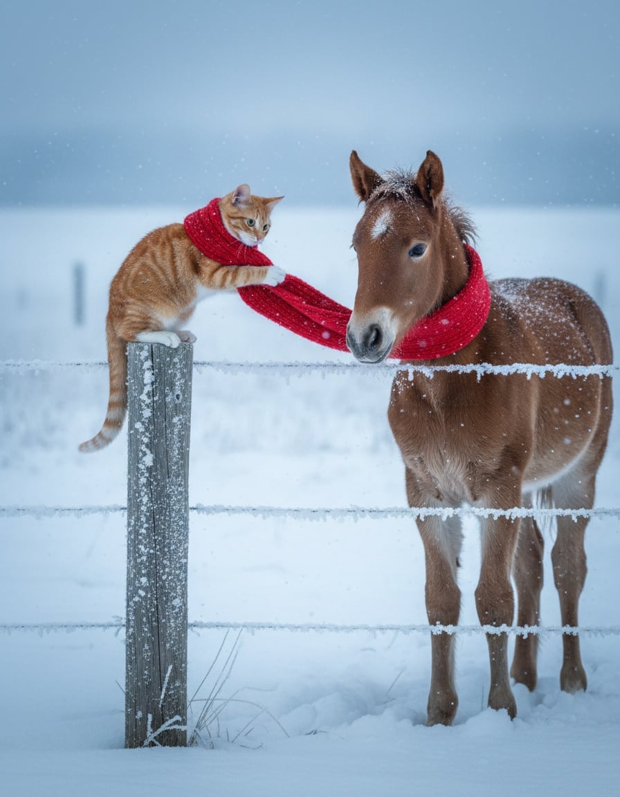 Pixa wraps a red scarf around a shivering young horse in a snowy field.