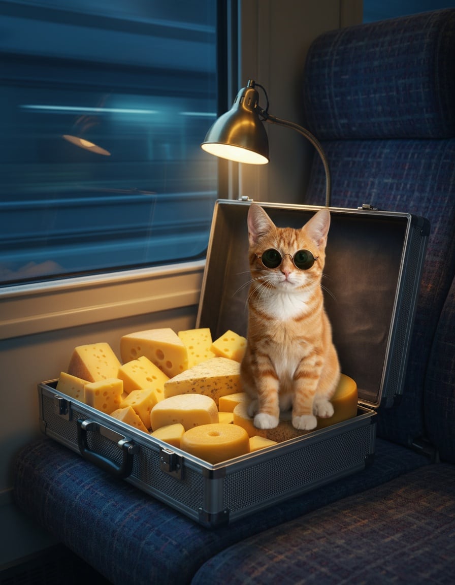 A ginger cat in sunglasses on a train opens a silver briefcase full of cheese.
