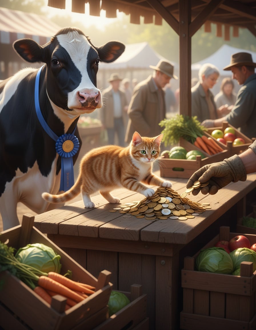 A ginger cat pays a farmer with a pile of coins to buy a cow at an outdoor market.