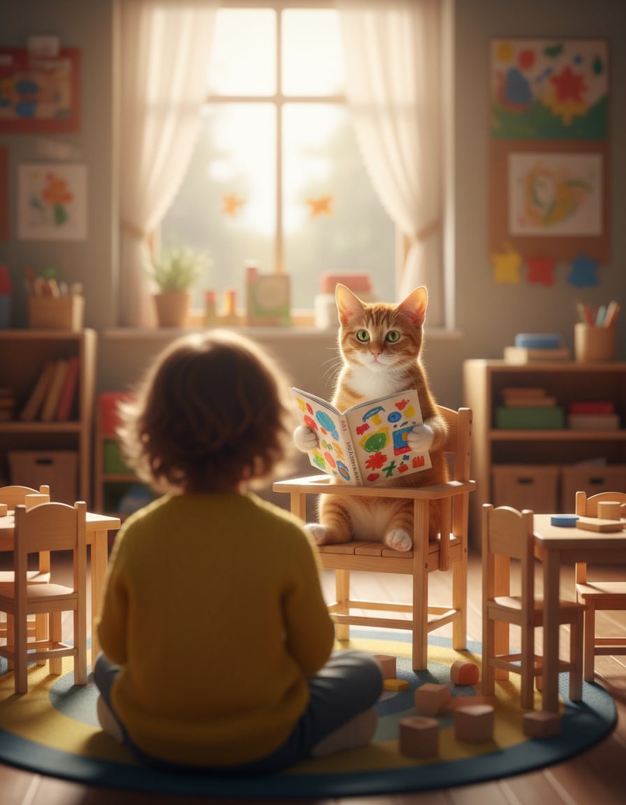 A ginger cat reads a picture book to a small child sitting on a rug in a kindergarten classroom.