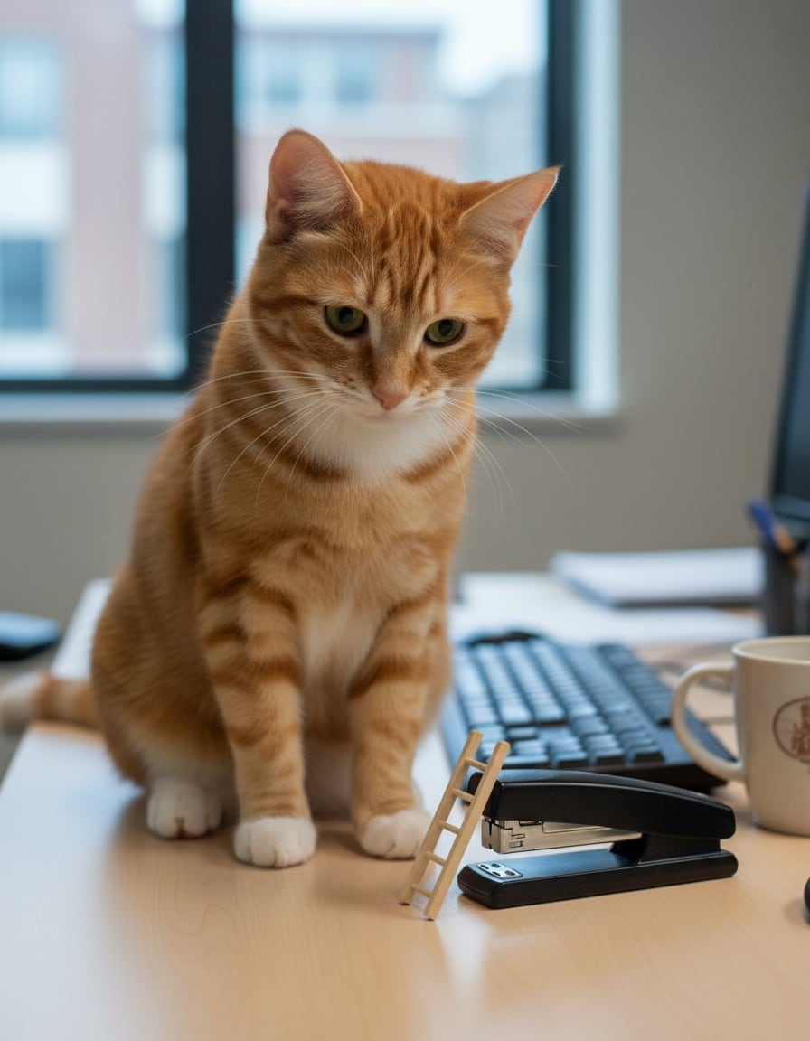 A ginger cat on an office desk looks down at a tiny ladder only as high as her knees.