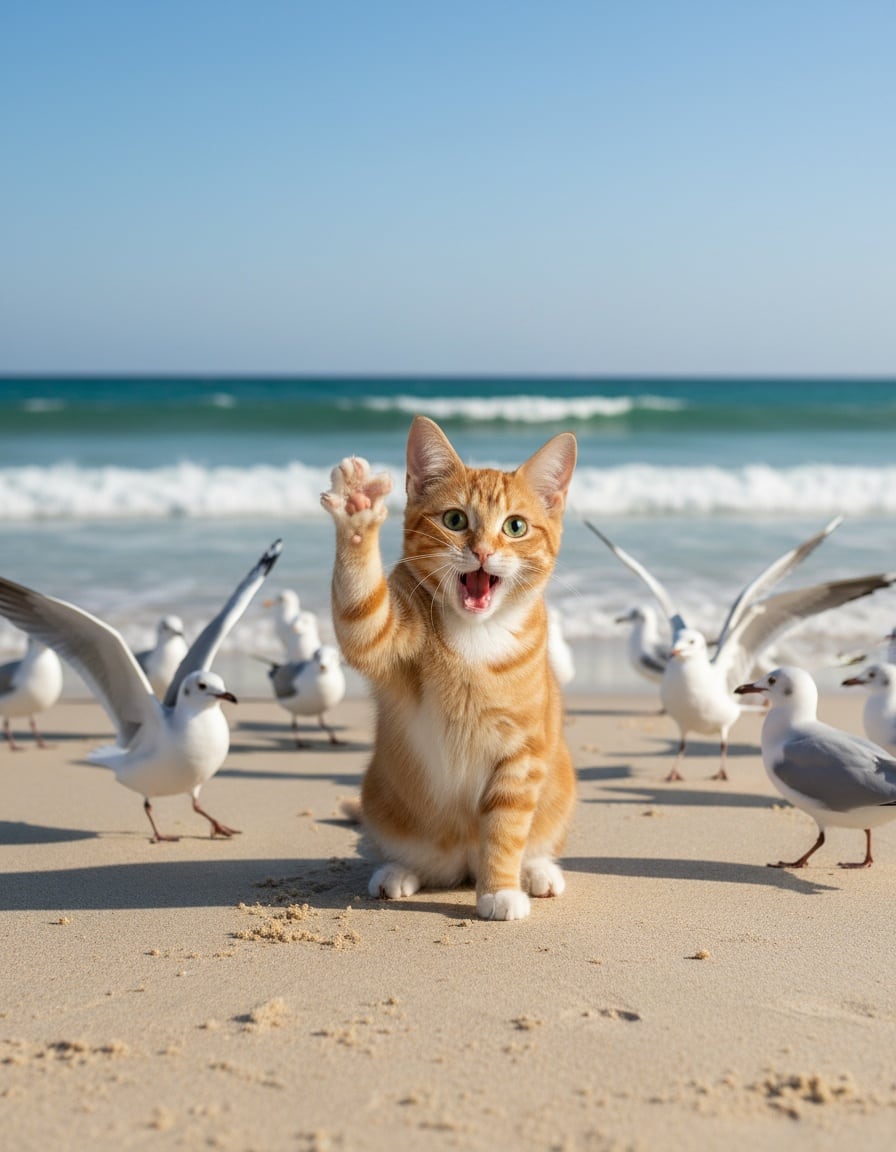 A ginger cat waves on a beach as a group of seagulls hurries toward her.